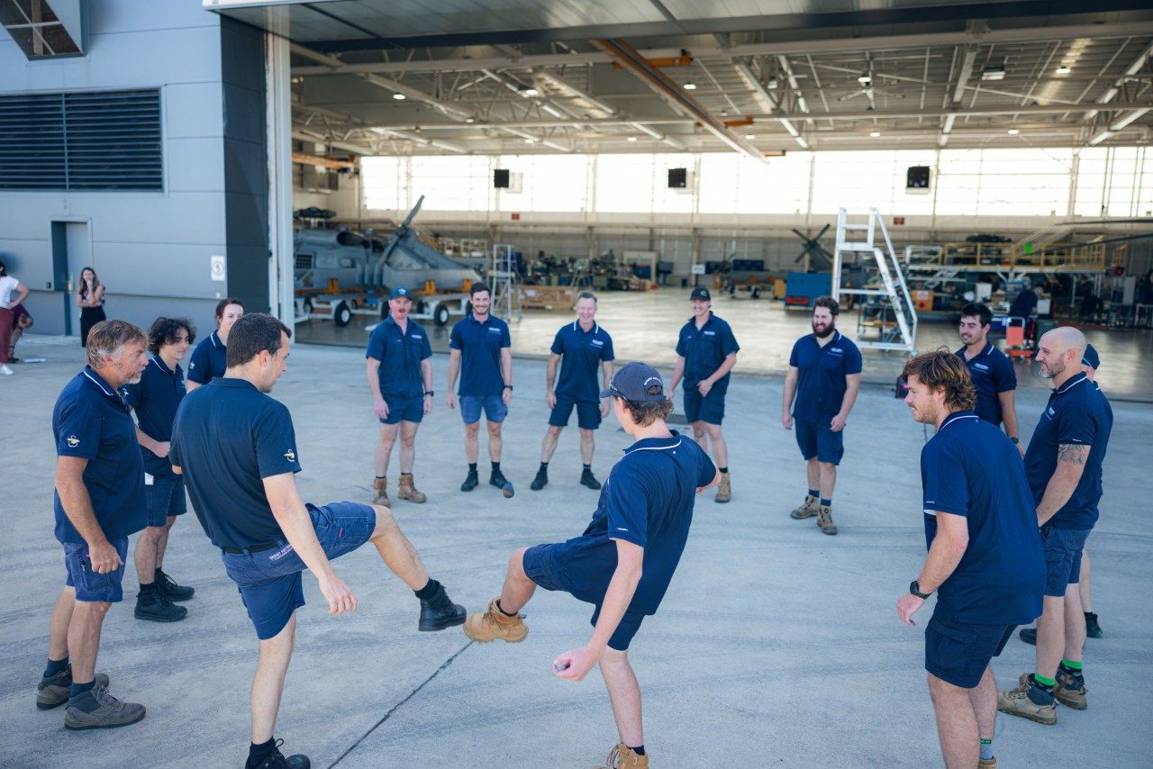Pre-start hacky sack at the Sikorsky hangar
