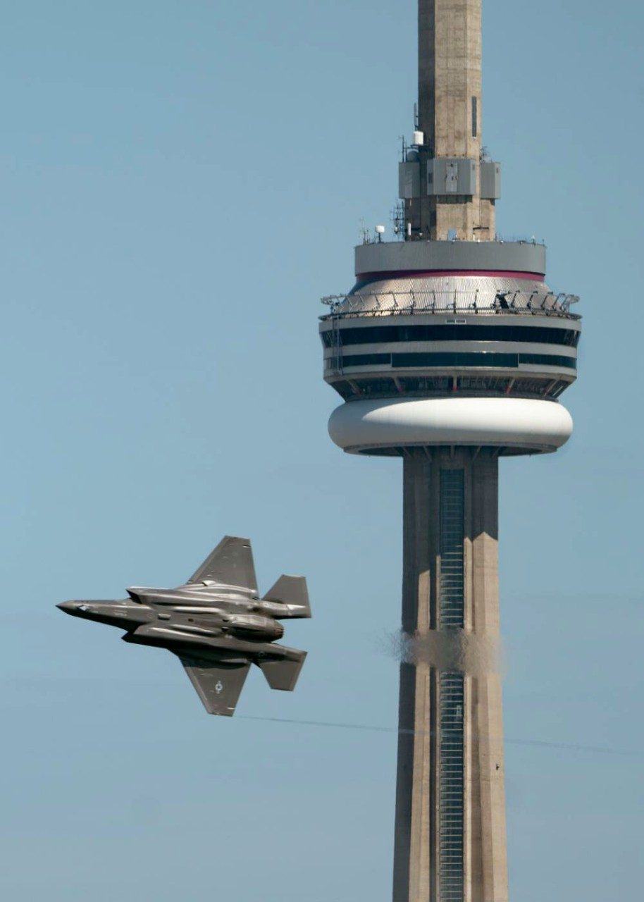 Close up of the F35A flying in front of the CN tower