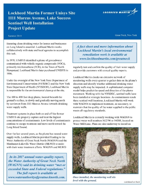 Lake Success Sentinel Well Installation Project Update Summer 2019