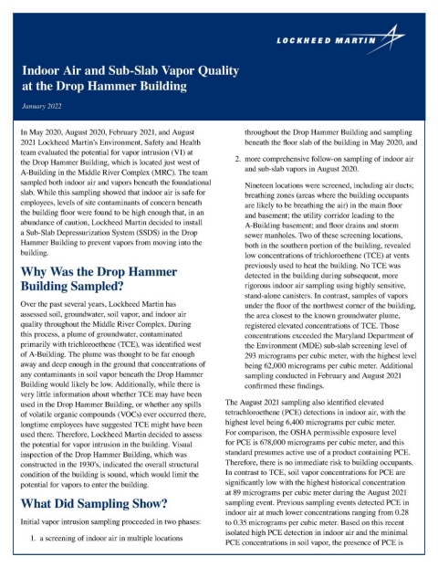 Indoor Air and Sub-Slab Vapor Quality at the Drop Hammer Building January 2022
