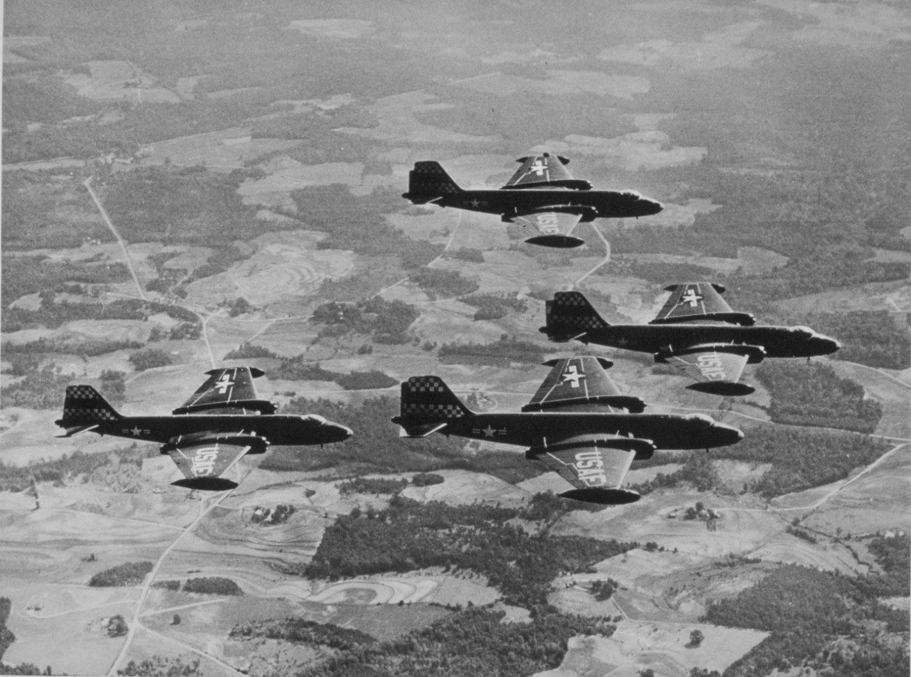 A formation flight of four RB-57A Canberras from Shaw Air Force Base in California. Sixty-eight of the 75 B-57As were built in the RB-57A tactical reconnaissance configuration, with the remainder delivered as B-57A bombers.