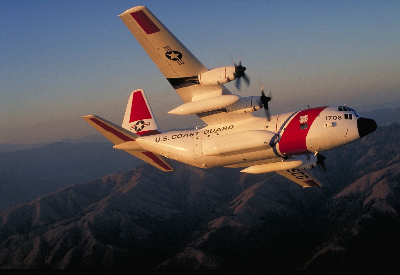 A US Coast Guard C-130 Hercules banks over Sacramento, California.