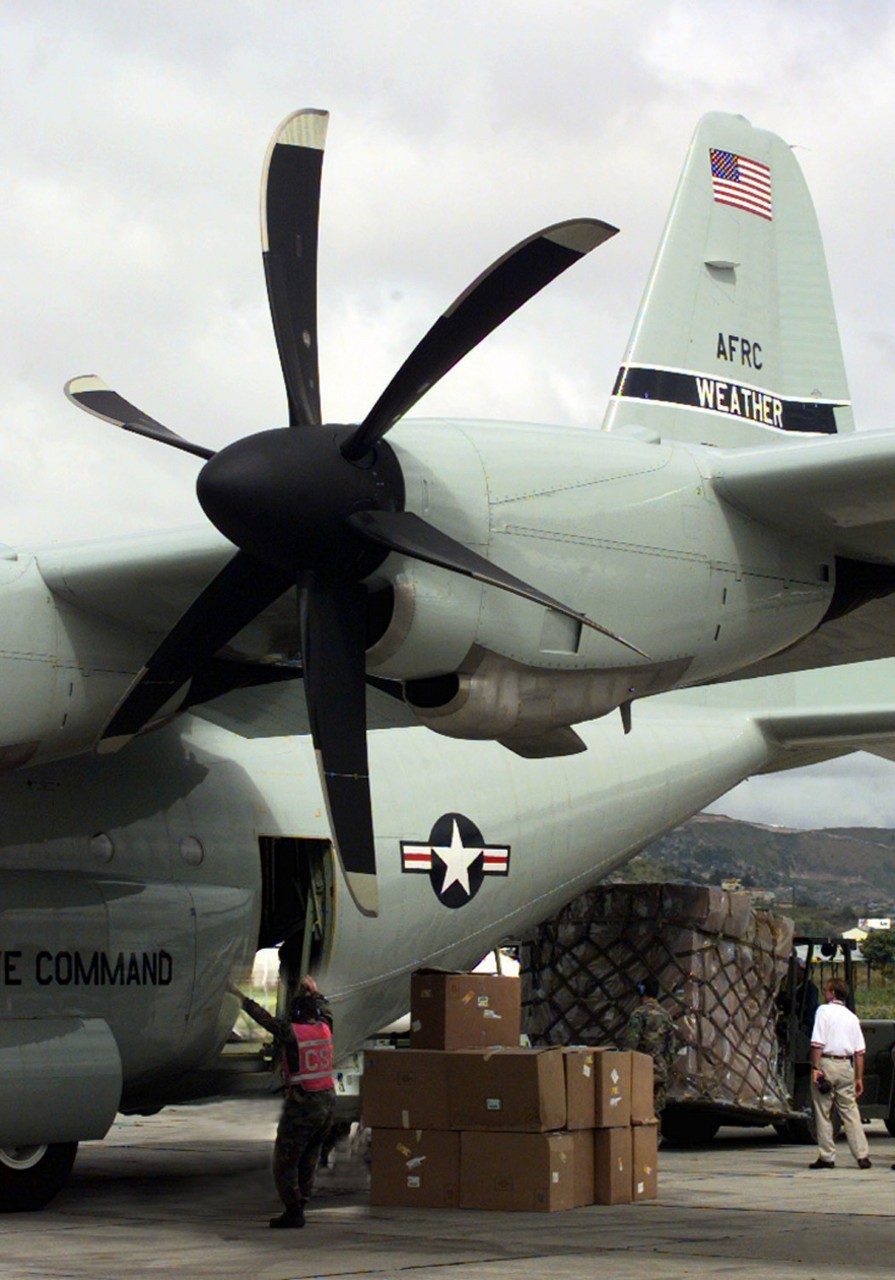 C-130J taking part in relief missions in late November and early December 1998, transporting over 80,000 pounds of Red Cross relief supplies to Honduras in the aftermath of Hurricane Mitch.