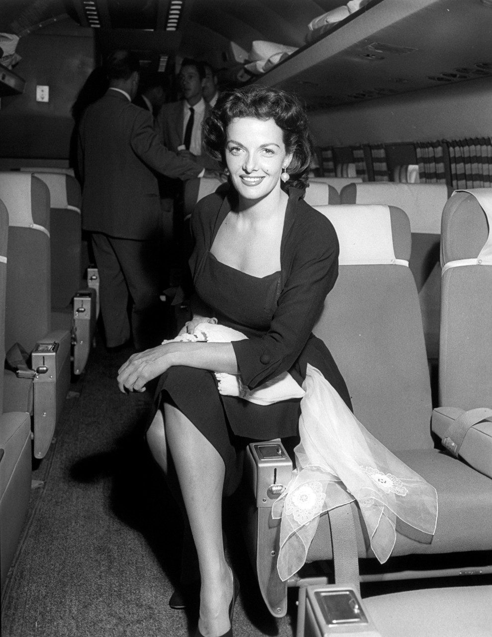 Actress Jane Russell onboard a Constellation promotional flight.