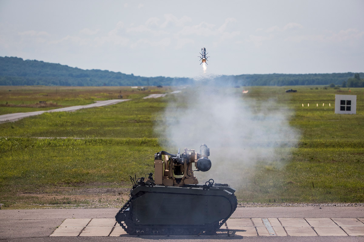 Javelin being fired from a CROWS-Javelin mounted on the THeMIS UGV in June 2019 at Redstone Arsenal in Huntsville, AL (Photo courtesy of the U.S. Army)