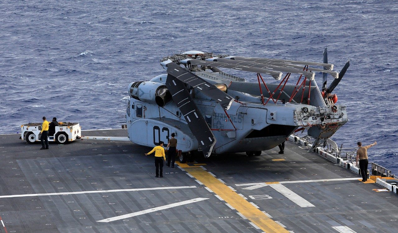 The CH-53K helicopter completed blade and tail pylon folding a necessary capability for shipboard operations. (US Navy photo)