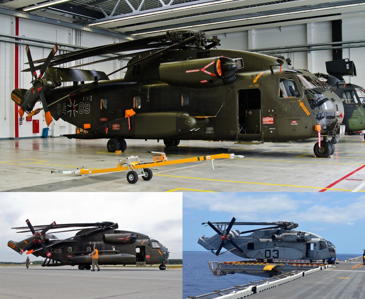 The CH-53G and the CH-53K both utilize an automatic blade/pylon fold system  to reduce the footprint of the aircraft for storage on ships or in restricted hangar structures. This procedure is still used regularly at all CH-53G bases across Germany.