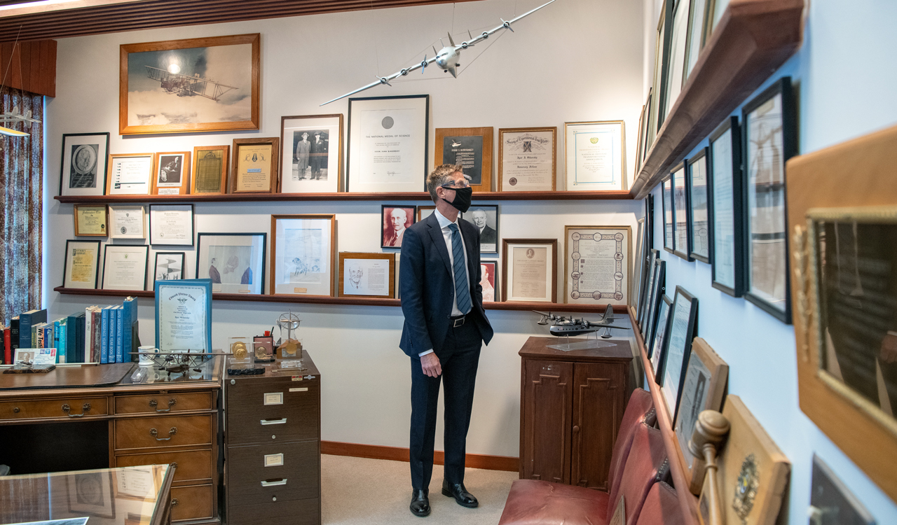 Jim Taiclet, pictured in Igor Sikorsky’s original office, views the documents and patents that positioned Sikorsky to where it is today – a world-class leader in the helicopter industry.