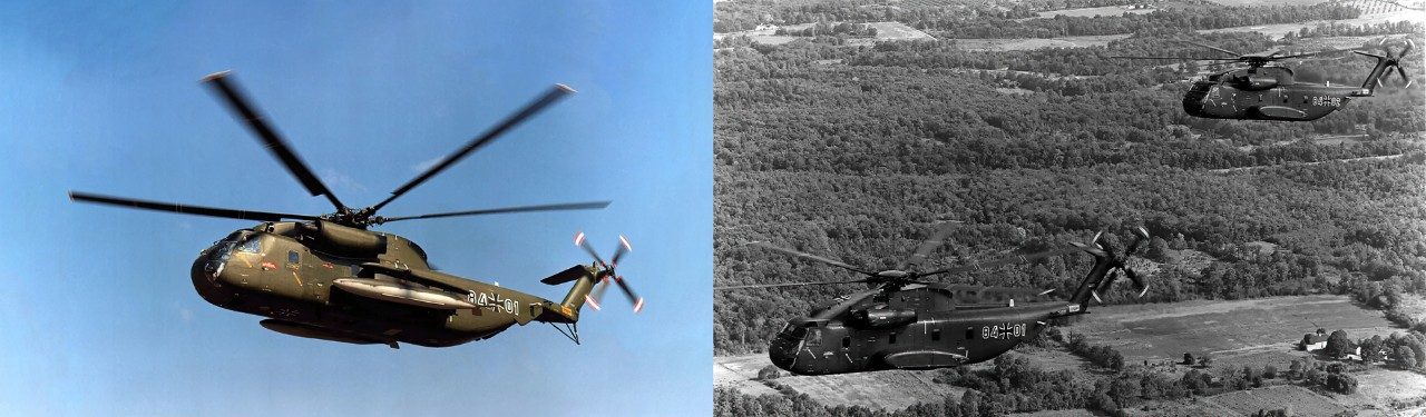 1968 entschied sich die Bundesrepublik Deutschland für den Sikorsky CH-53G-Hubschrauber. Schon im Herbst 1969 wurden die ersten beiden Luftfahrzeuge (hier: 84+01 & 84+02) an Vertreter der Bundeswehr übergeben werden.