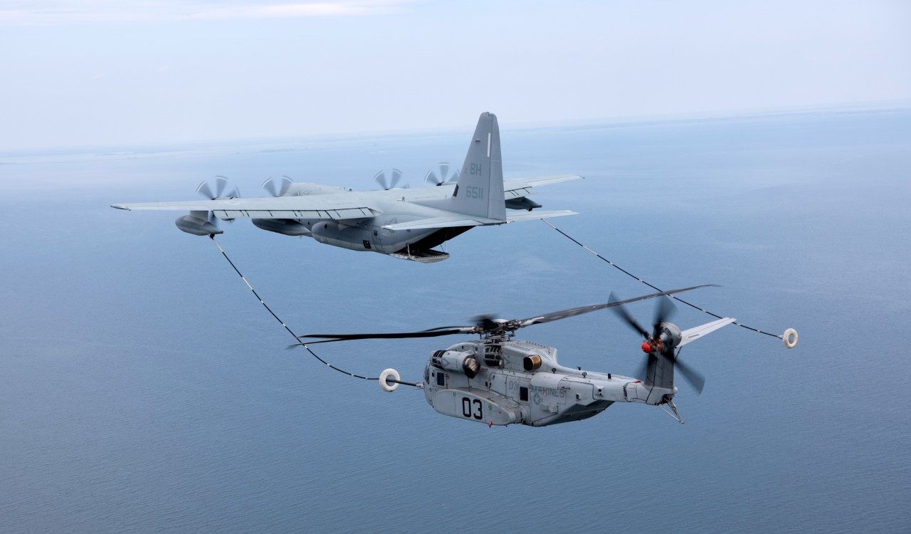 The CH-53K completing an air-to-air refueling (AAR) test with a KC-130J Super Hercules aerial refueling tanker.