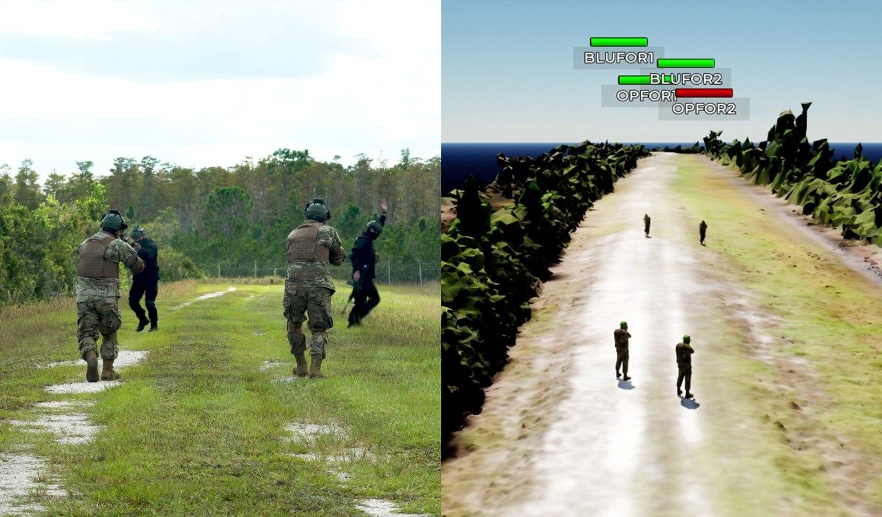 A blue force and opposing force engage each other in a SIMRES technology demonstration. The graphic on the right displays the virtual environment, tracking the real-life action (left) in digital form.
