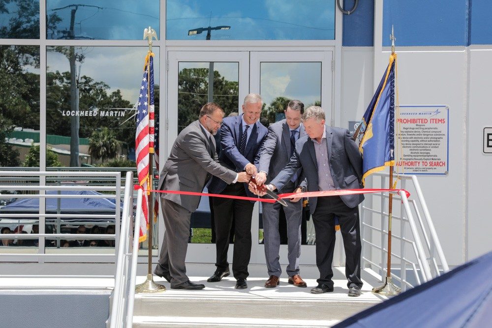 Lockheed Martin cuts the ribbon on new logistics facility in Titusville (July 2023). Pictured from left to right: Joshua Johns, SPFC60 Integrated Product Support Division Head of the U.S. Navy; Jerry Mamrol, vice president of Fleet Ballistic Missiles (FBM) at Lockheed Martin; Jonathan Moon, FBM resident director, Eastern Range Mission Operations at Lockheed Martin; and Gregg Callan, director of FBM Secure Infrastructure & Capabilities at Lockheed Martin. Photo: Lockheed Martin.