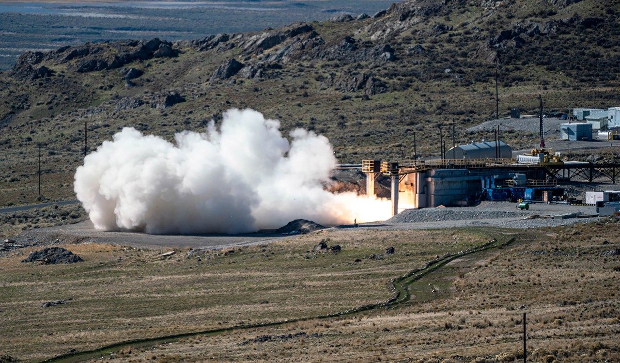 The U.S. Navy and U.S. Army conduct a static fire test of the first stage of the newly developed common hypersonic missile. U.S. Navy photo courtesy of Northrup Grumman.