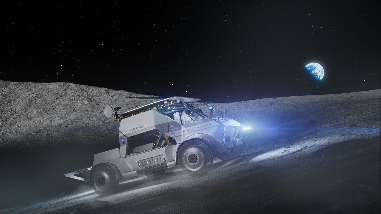 Lunar Dawn's lunar terrain vehicle on the surface of the Moon driving out of a crater with the Earth in the background