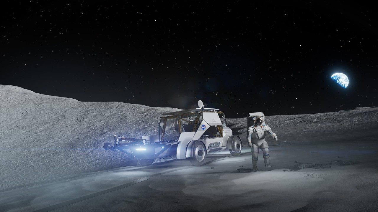 Lunar Dawn's lunar terrain vehicle on the surface of the Moon from the rear with the Earth in the background and an astronaut standing near the foreground
