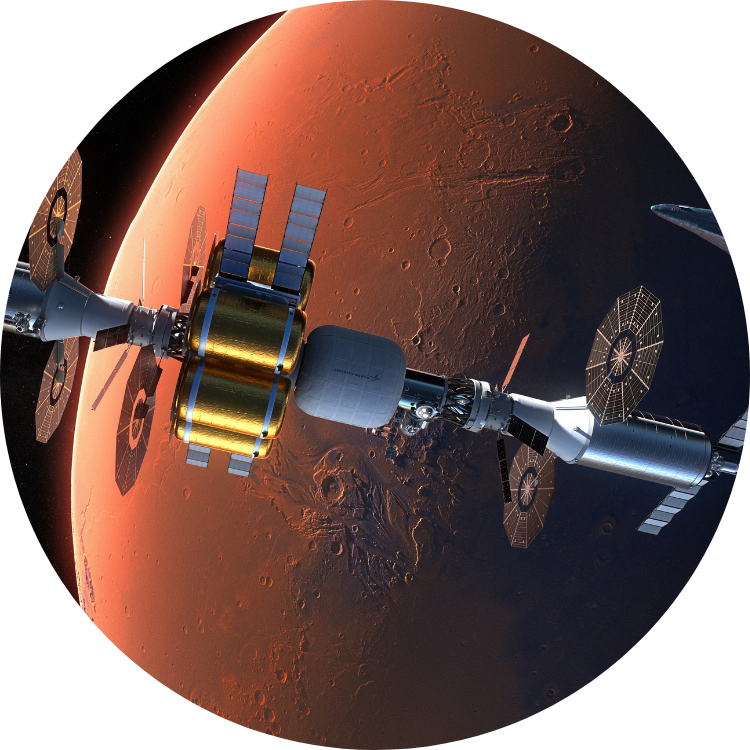 Mars Base Camp concept flying above Mars