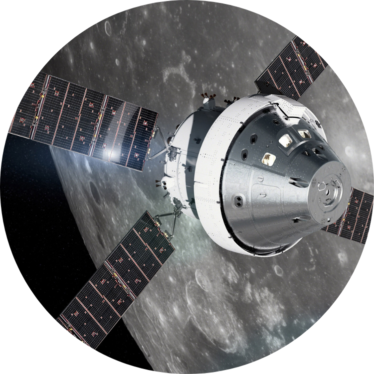 Orion spacecraft flying above the Moon rendering