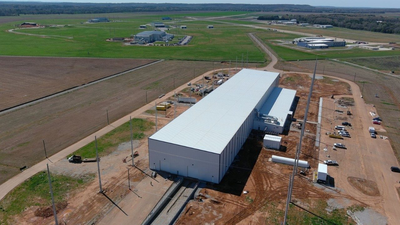 A drone shot of Missile Assembly Building 5 (MAB-5) in Courtland, Alabama.