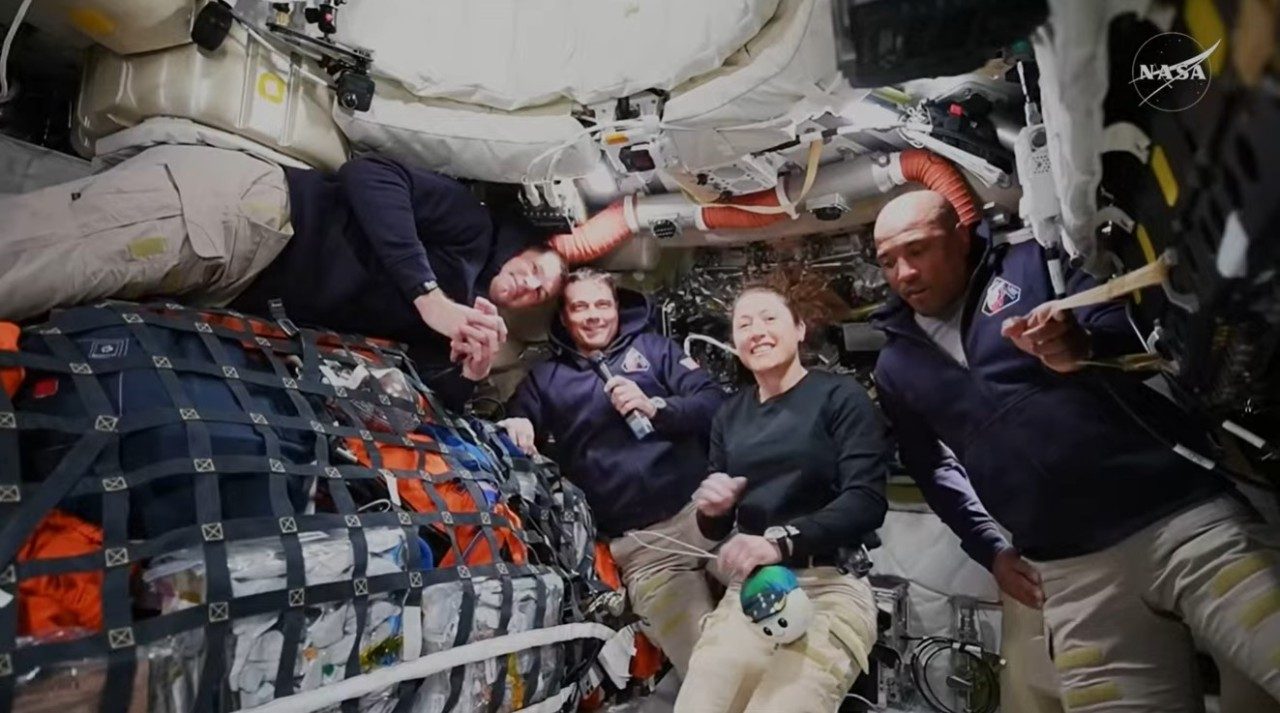 NASA's Artemis II crew from inside the Lockheed Martin-built Orion spacecraft during a broadcast on NASA+