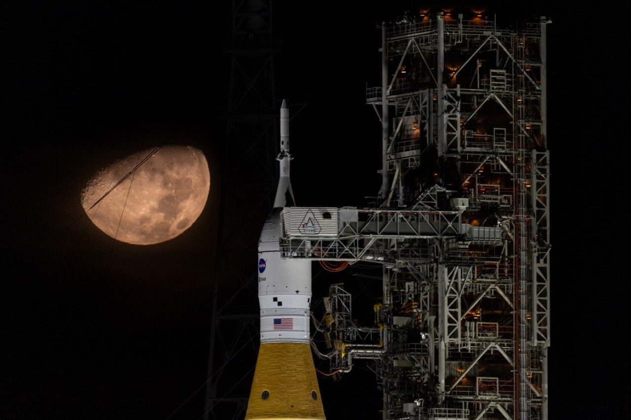 Photo of NASA's Orion, built by Lockheed Martin, atop the space launch system rocket ahead of the wet dress rehearsal.