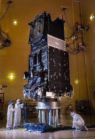 SBIRS GEO-6 Missile Warning Satellite undergoes acoustic testing.