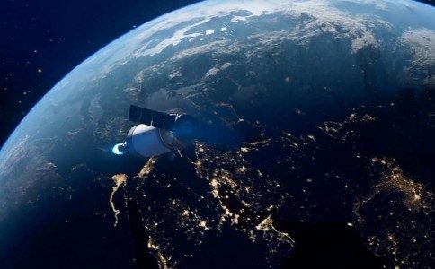 spacecraft with propulsion system above earth