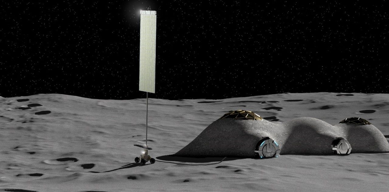 Rendering of a solar panel standing vertically on the lunar surface